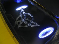 Custom Corvette logo subwoofer grille with illuminated Zapco amplifiers