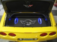 Another shot of the custom grille, illuminated amplifiers and TREO SSi12 subwoofer